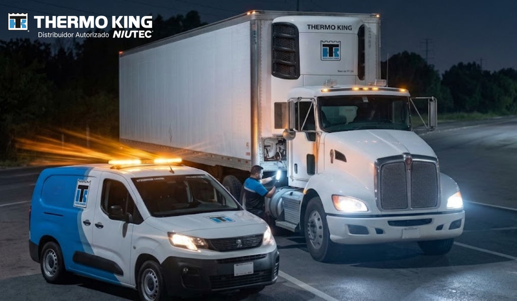 Camioneta de servicio móvil con torretas encendidas asistiendo a un tráiler con caja refrigerada Thermo King durante una emergencia nocturna.