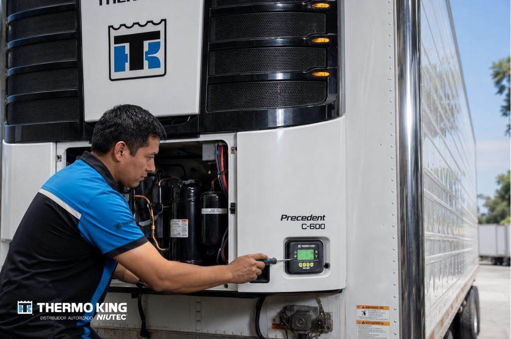 Un técnico de la empresa Niutec realiza el mantenimiento de un equipo de refrigeración para transporte Thermo King, modelo Precedent C-600, utilizando un destornillador en el panel de control.
